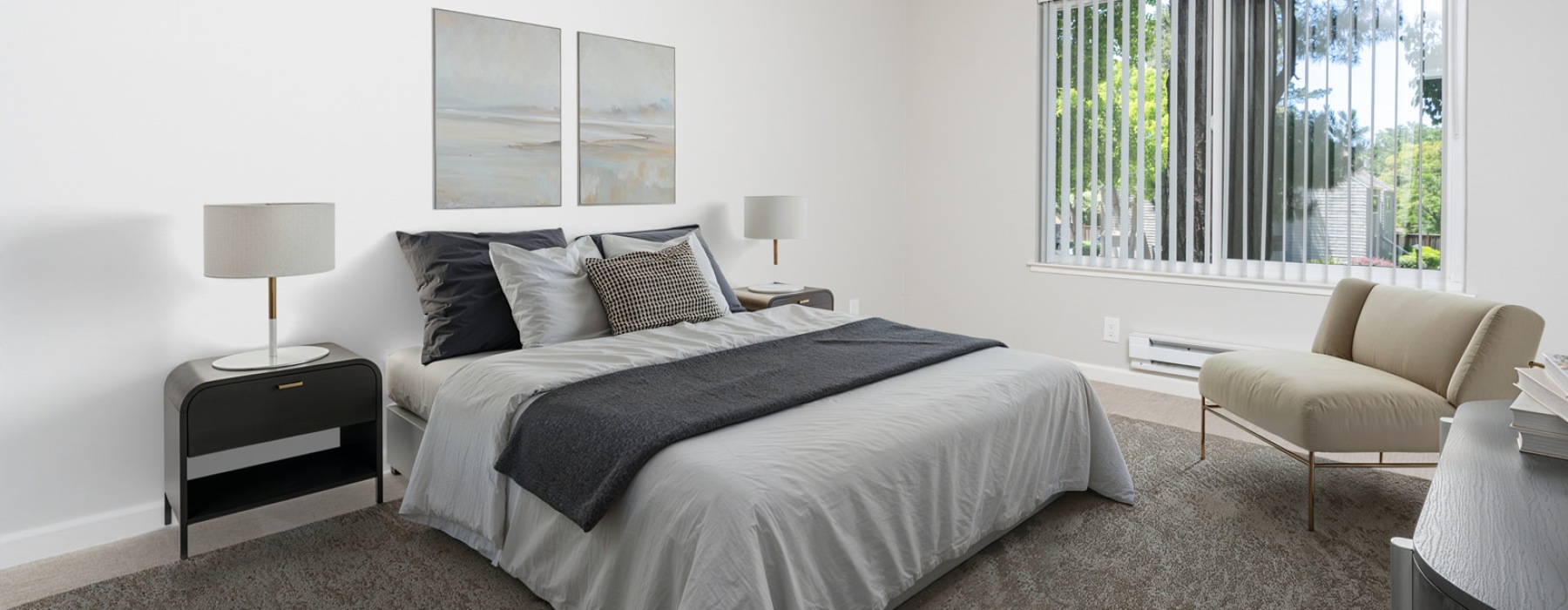 Bedroom with natural lighting and high ceilings