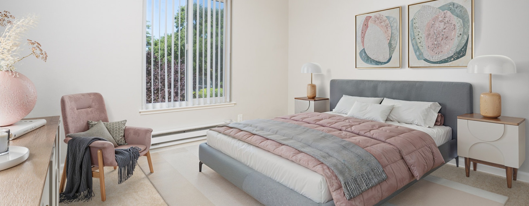 Bedroom with natural lighting and high ceilings